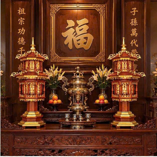 Cặp đèn thờ gỗ hương 2 mái