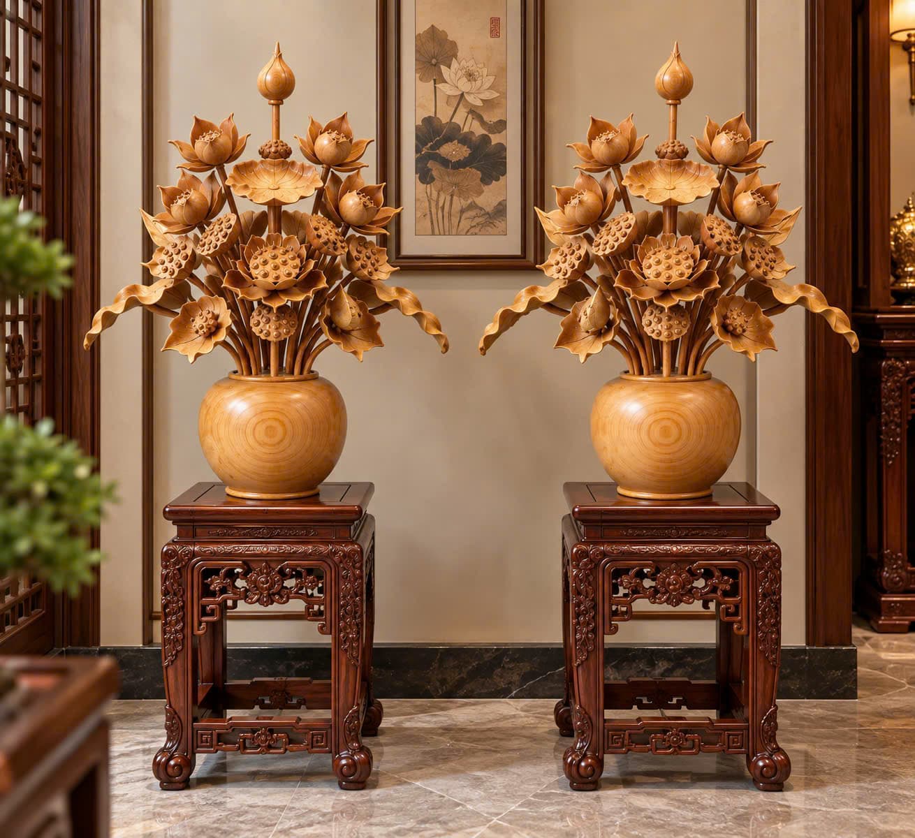 Bình Hoa sen gỗ ngọc am 23 bông