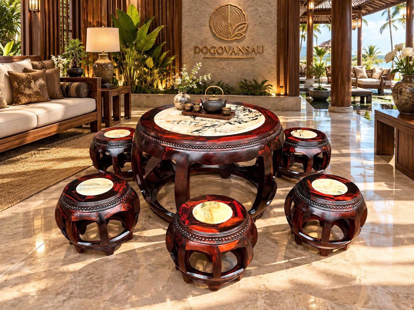 Bộ bàn ghế trống 6 đôn gỗ trắc
